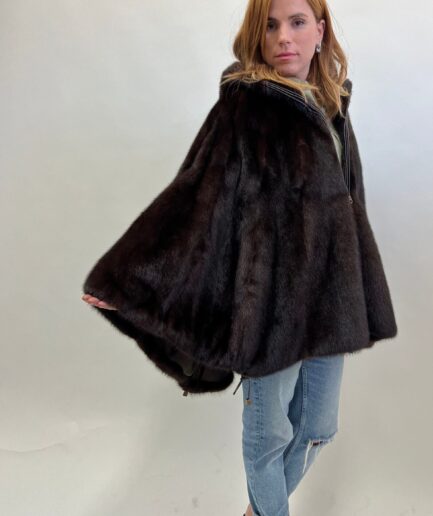 Real mahogany mink fur hooded cape with zip closure and drawstrings on hem.Fabulous poncho in mink supple full skin fur.Affordable fur gift.