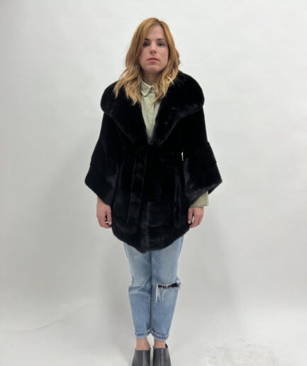Real sheared mink in black with belt and big collar.Affordable mink fur coat. Stunning Luxury gift for her.