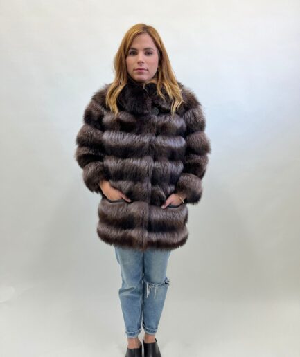 Genuine brown-levanter natural raccoon fur jacket with collar, horizontal with leather trim, super warm and affordable luxury fur gift.