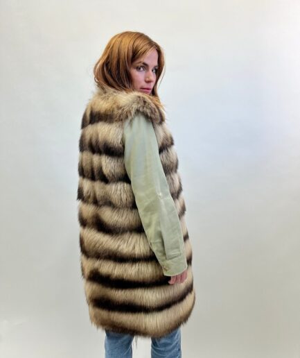 Real beige- brown raccoon fur vest, horizontal with leather trim , super warm, practical and affordable luxury fur gift.Real Fur in a budget