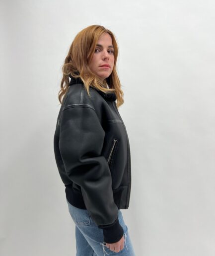 Real sheepskin black bomber fur jacket with leather trims .Extremely warm shearling fur nappa leather,modern and affordable luxury fur gift.