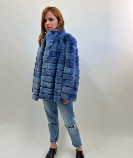 Real jeans rex rabbit horizontal plus size fur jacket with leather trim, soft touch and lightweight fur.Luxury fur gift.Real fur in a budget