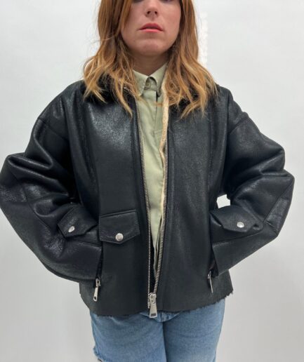 Real sheepskin black fur jacket with zippers.Extremely warm shearling fur cracked effect leather,modern and affordable luxury fur gift.