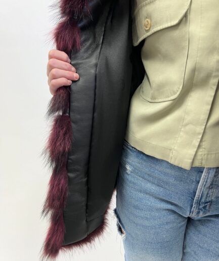 Genuine burgundy raccoon fur jacket with collar, horizontal with leather trim jacket, super warm, supple and affordable luxury fur gift.