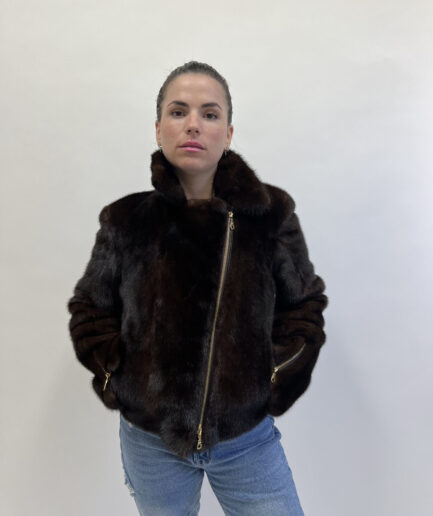 Real black biker mink fur in let out technique with silver hardware, stylish and lightweight mink Luxury fur gift for women.