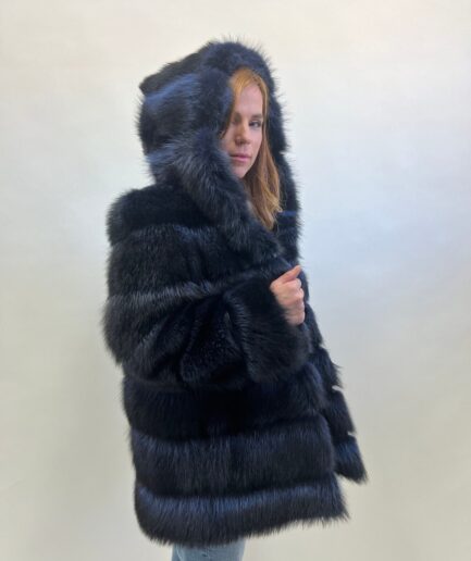 Genuine blue raccoon fur jacket with hood, horizontal with leather trim jacket, super warm, supple and affordable luxury fur gift.