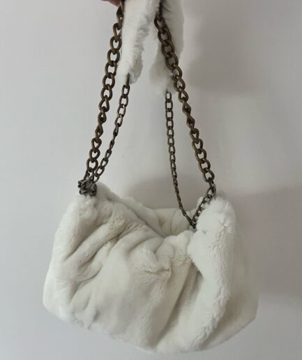 Real cloud pouch rex rabbit fur in white color stunning slouchy shoulder bag with two bronze straps. Unique Luxury fur gift cross-bag.