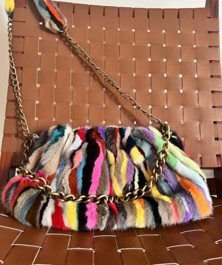 Real cloud pouch mink fur in multi color stunning slouchy shoulder bag with two bronze straps. Unique Luxury fur gift cross-bag.