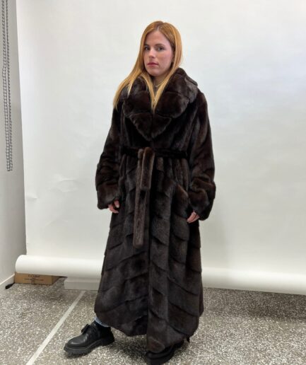 Real mahogany let out and diagonal mink superior fur long coat in supple male pelts with fur hooks closure. Stunning Luxury gift for her.