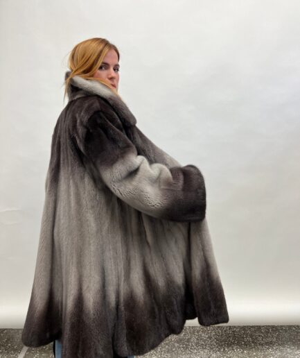 Real Degrade silver and graphite Saga fur mink godet coat in let out technique, one of a kind stylish  jacket, Luxury fur gift in a budget.