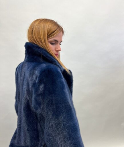 Real navy blue mink premium lavish mink fur collared coat with belt and slit on hem. Saga fur let out straight line stroller.Fur in a budget