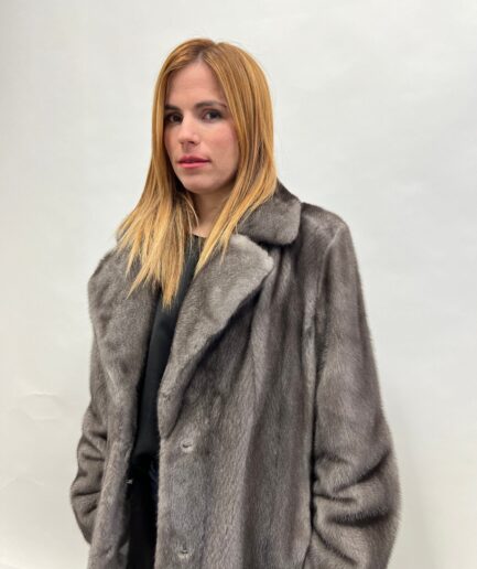 Real Blue iris Saga fur mink notch collar coat in let out technique, stylish and warm mink jacket, Luxury fur gift for women in a budget.