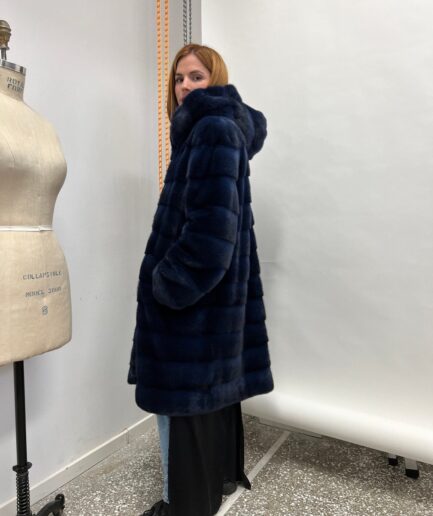 Real navy blue mink premium Copenhagen mink fur hooded horizontal coat. Super rich and supple gorgeous style mink stroller .Fur in a budget