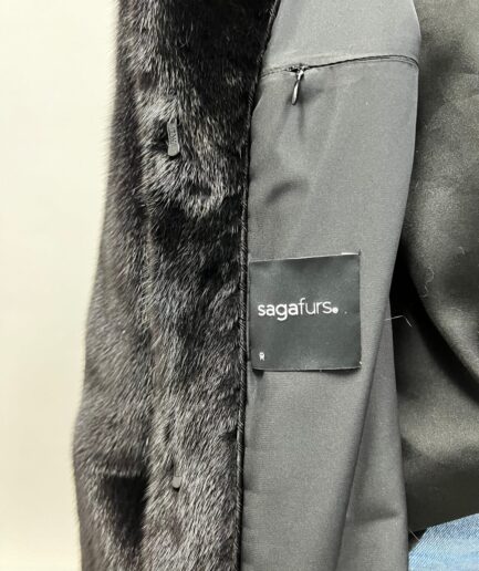 Real black let out straight line Saga mink superior fur coat in supple male pelts with fur hooks closure. Stunning rich texture Luxury gift.