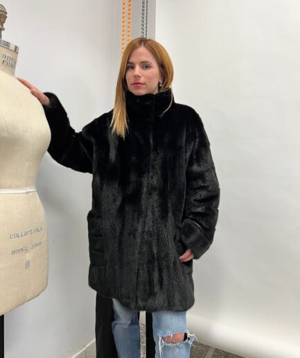 Real mink fur boxy  collared coat with pockets ,Saga lavish black supple mink fur assured comfy jacket with high collar.Real fur in a budget