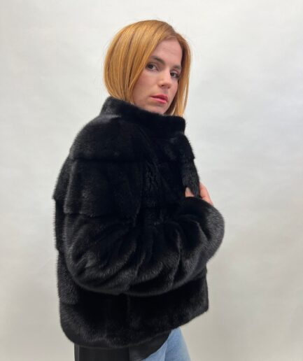Real mink fur horizontal collared short jacket. Saga lavish black supple mink fur overcoat full skin fur. Affordable luxury fur gift.