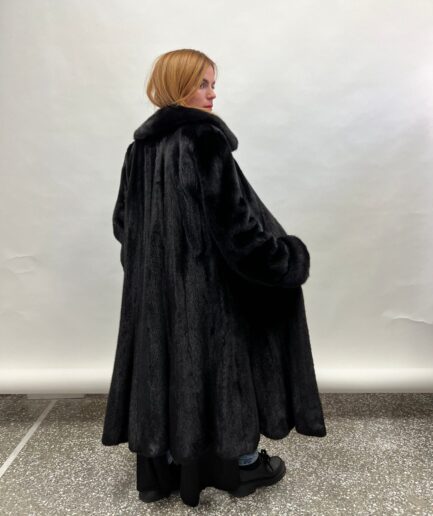 Real black let out godet mink superior fur long coat in supple male pelts with fur hooks closure. Stunning Luxury gift for her.