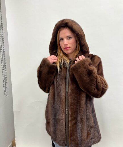 Real brown mink hooded jacket,Saga Demi buff straight line jacket let out with zip closure . Practical and affordable real fur in a budget.