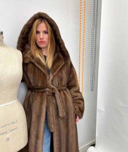 Real brown mink premium lavish mink fur long hooded coat in supple Demi buff pelts. Stunning in let out technique stroller.Luxury gift.