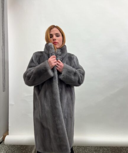 Real silver mink straight fur coat in let out technique , stylish and warm Gray mink jacket from Saga. Sustainable fur fashion.