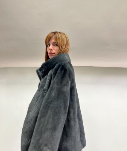 Real petrol mink fur jacket in Saga fur quality, lavish and edgy stand up collar mink coat. Affordable luxury fur gift for women.