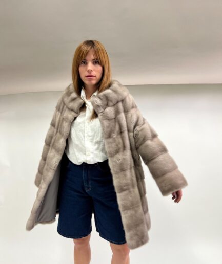 Real silver mink fur coat horizontal grey mink fur stroller with high collar. stunning mink fur pelt coat. Luxury gift for her.