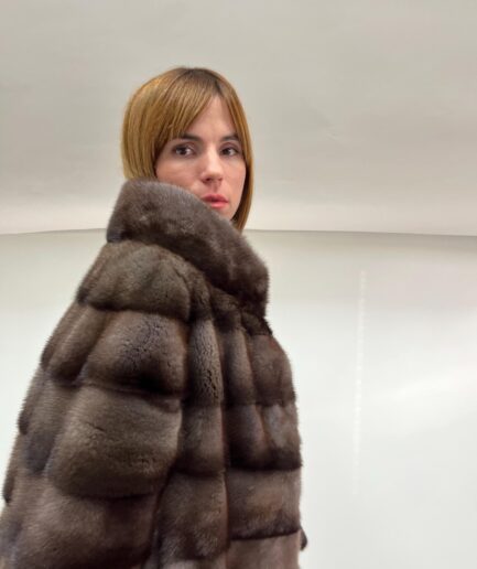 Real brown mink fur horizontal jacket, lavish brown Saga mink fur coat warm and practical Tortora full skin fur jacket.Luxury fur gift.