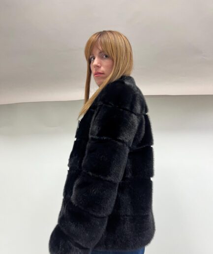 Real mink fur horizontal collared short jacket. Saga lavish black supple mink fur overcoat full skin fur. Affordable luxury fur gift.