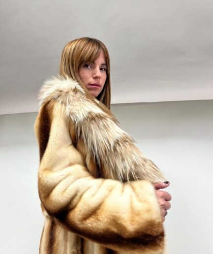 Real pearl mink premium Copenhagen mink fur coat with stripe in supple fox fur collar. One of a kind fur stroller with belt.Luxury gift.