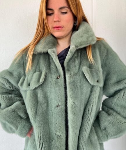 Real pistachio mink fur over-shirt coat with pockets, grey boxy style fur with collar.Modern and affordable mink fur luxury gift for her.