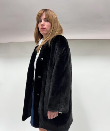 Real black Saga velvet mink let out robe fur minimal coat, Saga supple male pelts collarless fur coat .Affordable luxury gift for her.