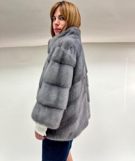 Real silver diagonal mink fur coat, grey mink fur with high collar. Stunning mink fur pelt from Saga. Lightweight and super soft mink fur.