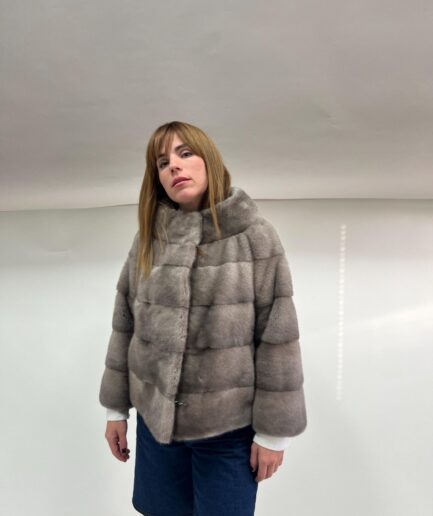 Real silver mink fur coat horizontal grey mink fur stroller with high collar. stunning mink fur pelt coat. Luxury gift for her.