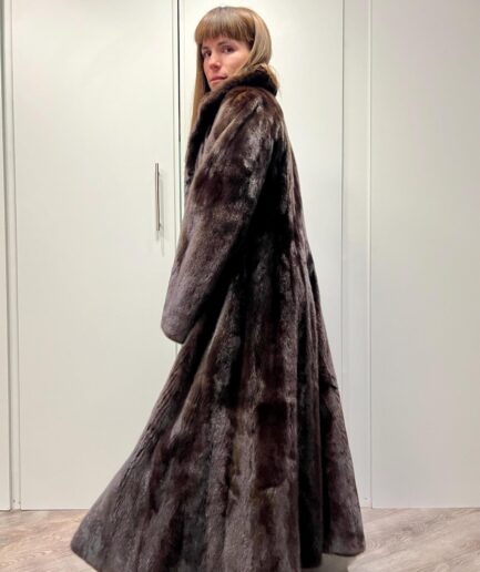 Real mahogany let out godet mink superior fur long coat in supple male pelts with fur hooks closure. Stunning Luxury gift for her.