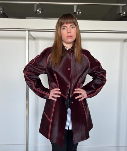 Genuine hair-on deep dark burgundy leather coat, real transitional coat. Luxurious lightweight calf hide with buttons pony-hair coat.