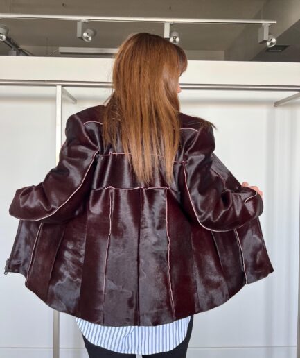 Genuine hair-on deep dark burgundy transitional leather coat.Luxurious lightweight calf hide  pony-hair zipped coat, nubuck leather.