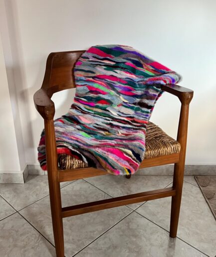 Real multicolored mink fur rug with lining. Super lightweight throw for armchair. Premium quality mink in boho deco style.