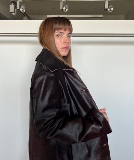 Genuine hair-on deep dark burgundy leather coat, transitional coat. Luxurious lightweight calf hide with buttons pony-hair coat.