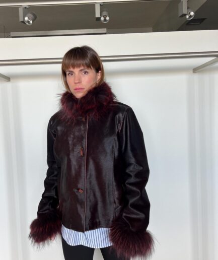 Genuine hair-on dark burgundy leather jacket with real raccoon fur details.Unique and Luxurious transitional lightweight calf hide jacket.