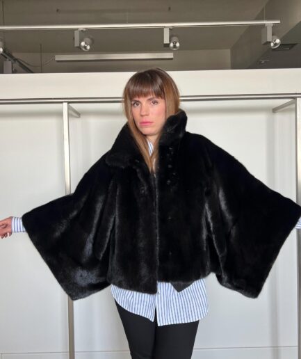 Real mink fur collared short cape Black Saga jacket.Lightweight dyed supple mink bolero full skin fur. Affordable luxury fur gift.