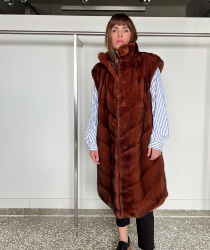 Real copper mink fur vest in diagonal jacket made from lavish brown Saga mink fur. Stylish and unique colored mink fur.Luxury fur gift.