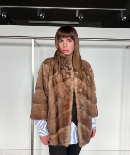 Real mink fur collared diagonal cappuccino jacket, made from lightweight brown supple mink full skin pelts. Affordable luxury fur gift.