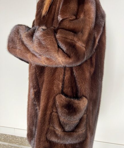Real brown mink collared jacket,Saga Demi buff straight line jacket with external pockets . Practical and affordable real fur in a budget.