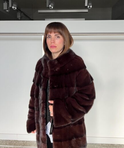 Real Burgundy mink fur coat in Saga fur quality, lavish and edgy stand up collar mink coat. Affordable luxury fur gift for women.