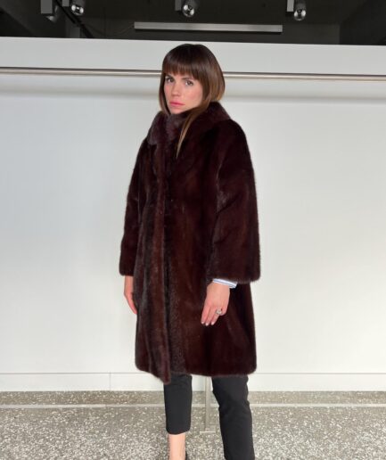 Real Burgundy let out mink fur coat in Saga fur quality, lavish and edgy stand up collar mink coat. Affordable luxury fur gift for women.
