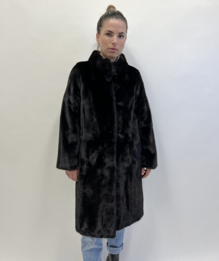 Real black skin on skin straight line fur coat, Saga furs supple male pelts with stand up collar. Stunning Luxury gift for her.