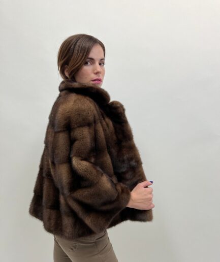 Real mink fur horizontal collared short Demi buff jacket. Saga lavish brown supple mink bolero full skin fur. Affordable luxury fur gift.