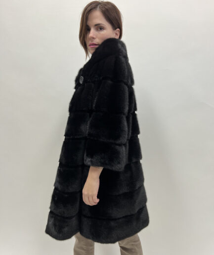 Real Saga fur mink fur horizontal coat, lavish black supple mink fur with sheared stripe full skin fur jacket.Affordable luxury fur gift.